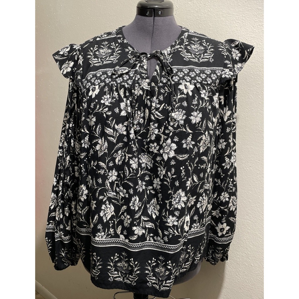 Cottagecore Black White Floral Blouse Peasant Style Plus Size 22 Time and Tru